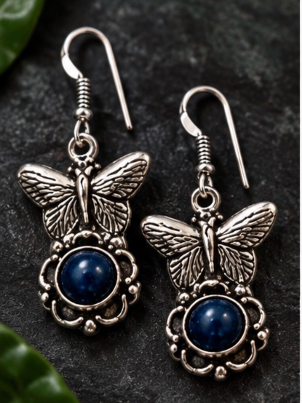Silver Butterfly Drop Earrings with Navy Blue Stone